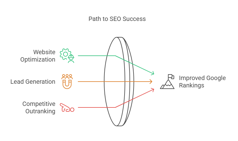 SEO success diagram illustrating website optimization, lead generation, and competitive outranking leading to improved Google rankings.