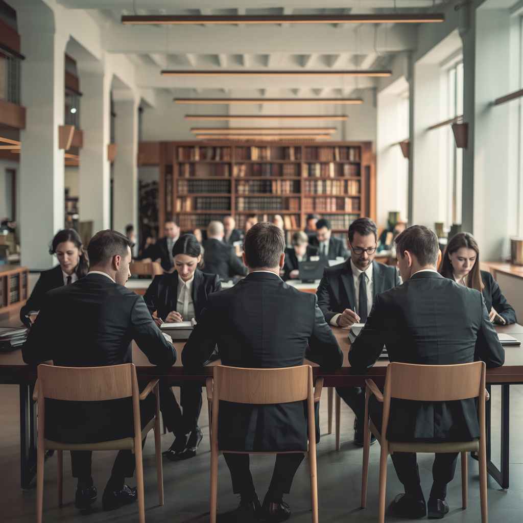 A large group of people in formal attire sit at tables in a library-like setting, focusing on documents and discussions about marketing for law firms. Shelves of books line the walls, creating an atmosphere of knowledge and strategy.