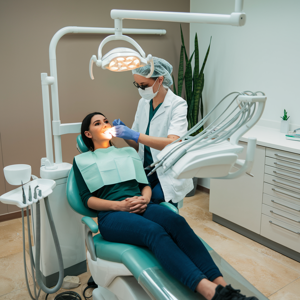 In a well-equipped dental clinic, a dentist skillfully examines a patient, utilizing precision tools under the bright examination light—an illustration of excellence in both care and modern dentist marketing.