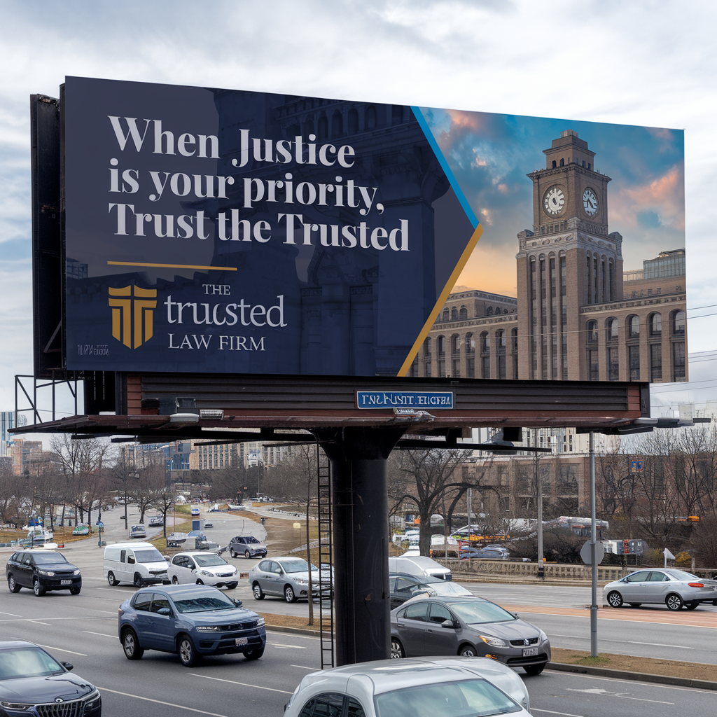 Billboard reads: "When Justice is your priority, Trust the Trusted. The Trusted Law Firm." A perfect example of marketing for law firms, the sign overlooks a bustling city street and traffic below.