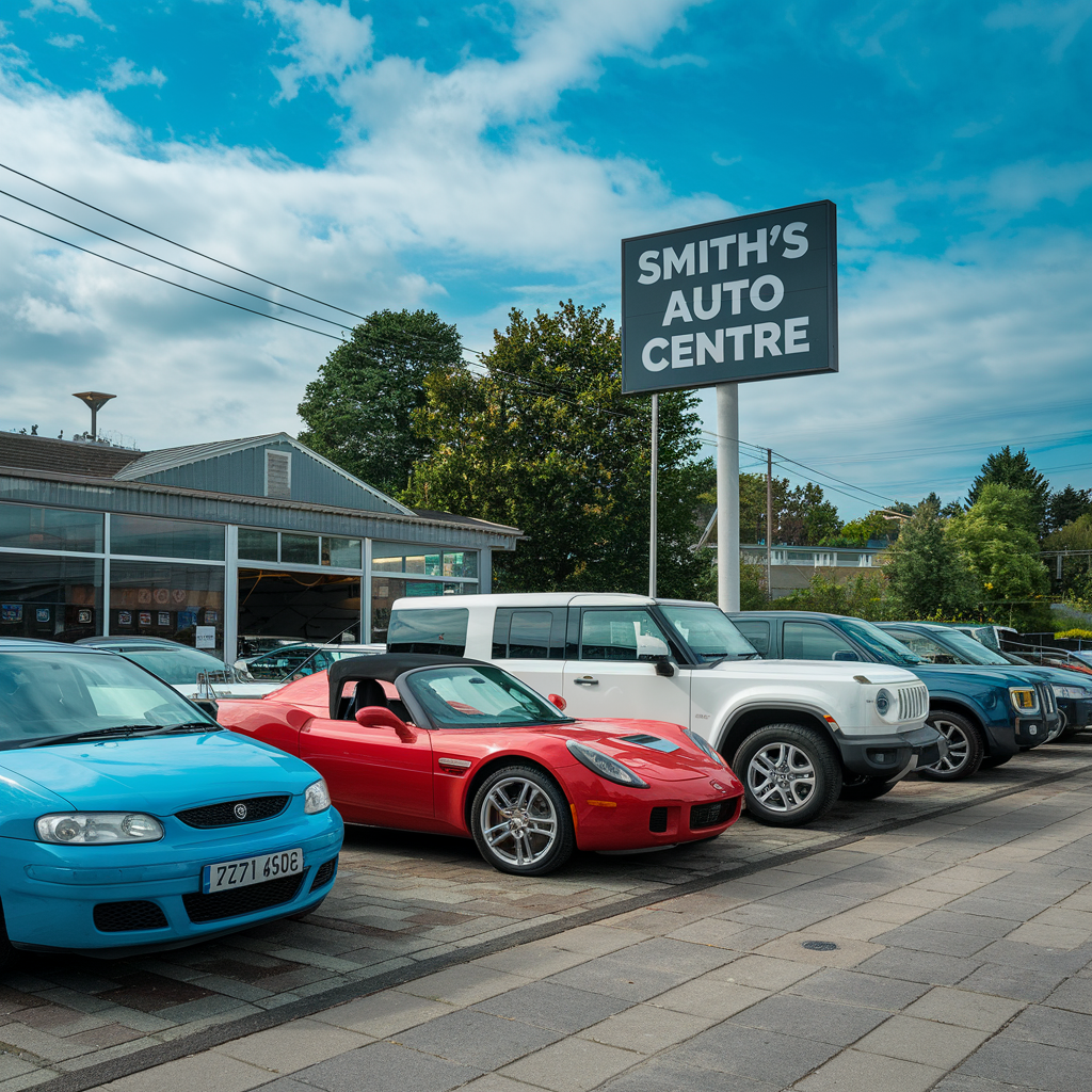 A row of cars parked in front of Smith's Auto Centre under a blue sky showcases marketing for car dealerships. A red convertible, blue sedan, and white SUV are visible, with a sign proudly displaying the auto center's name.