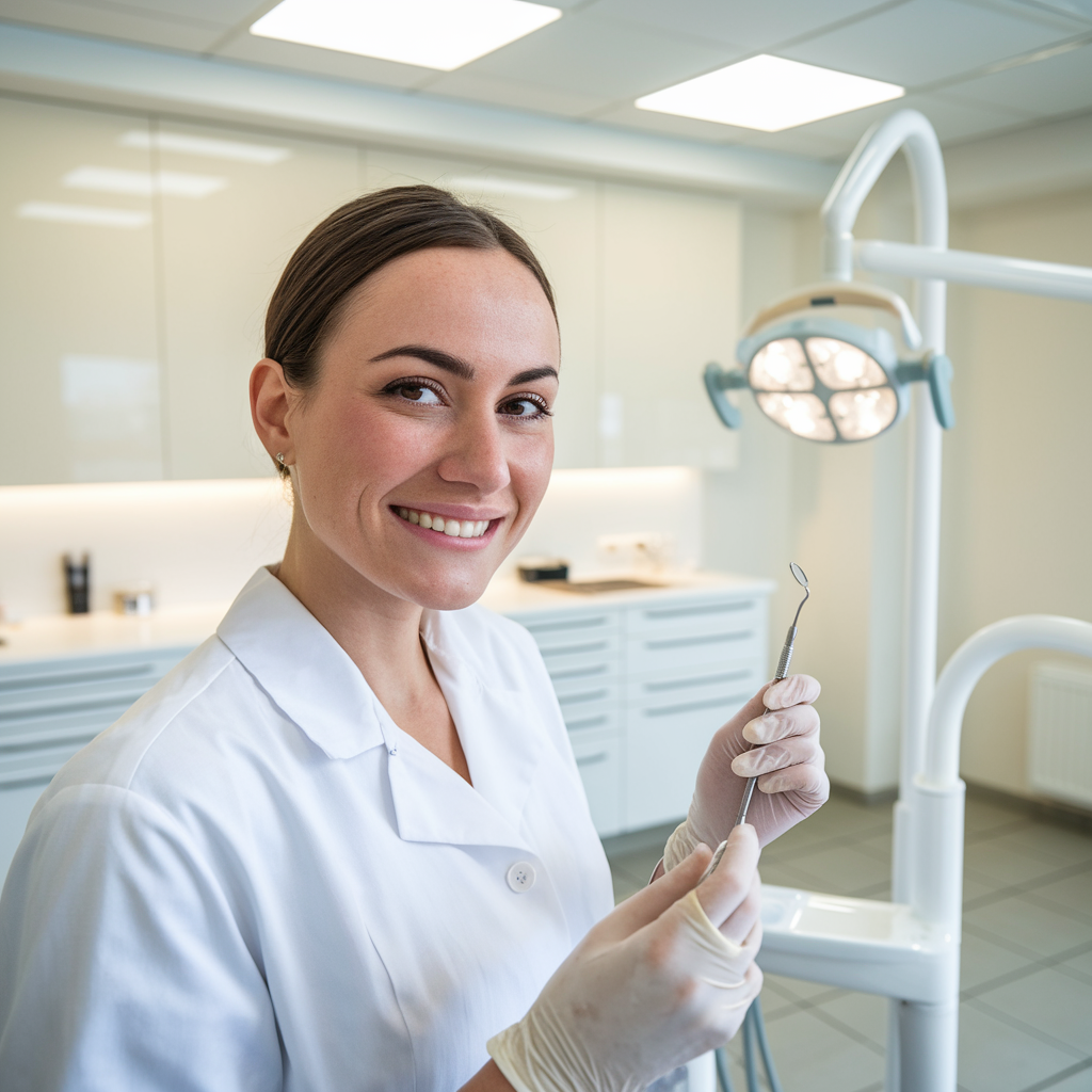 A dentist in a white coat and gloves stands smiling, showcasing both dental tools and expert care in a modern office, embodying the essence of effective dentist marketing.