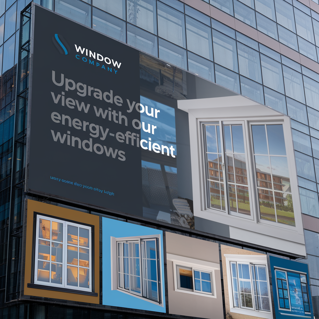 Billboard on a building for a window company promoting energy-efficient windows. Features images of windows and text encouraging upgrades.
