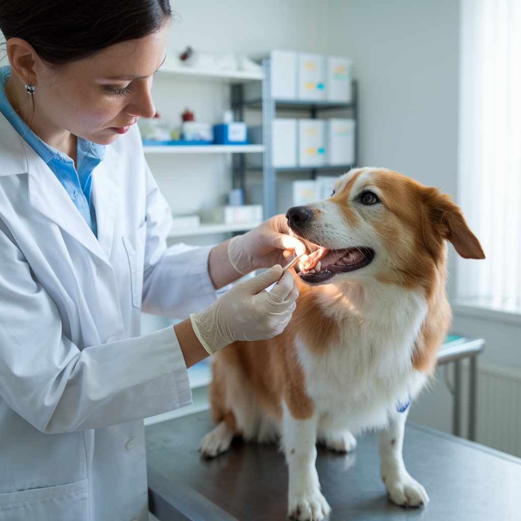 In a bright clinic, a veterinarian skillfully examines a dog's teeth, showcasing the essence of veterinary marketing.