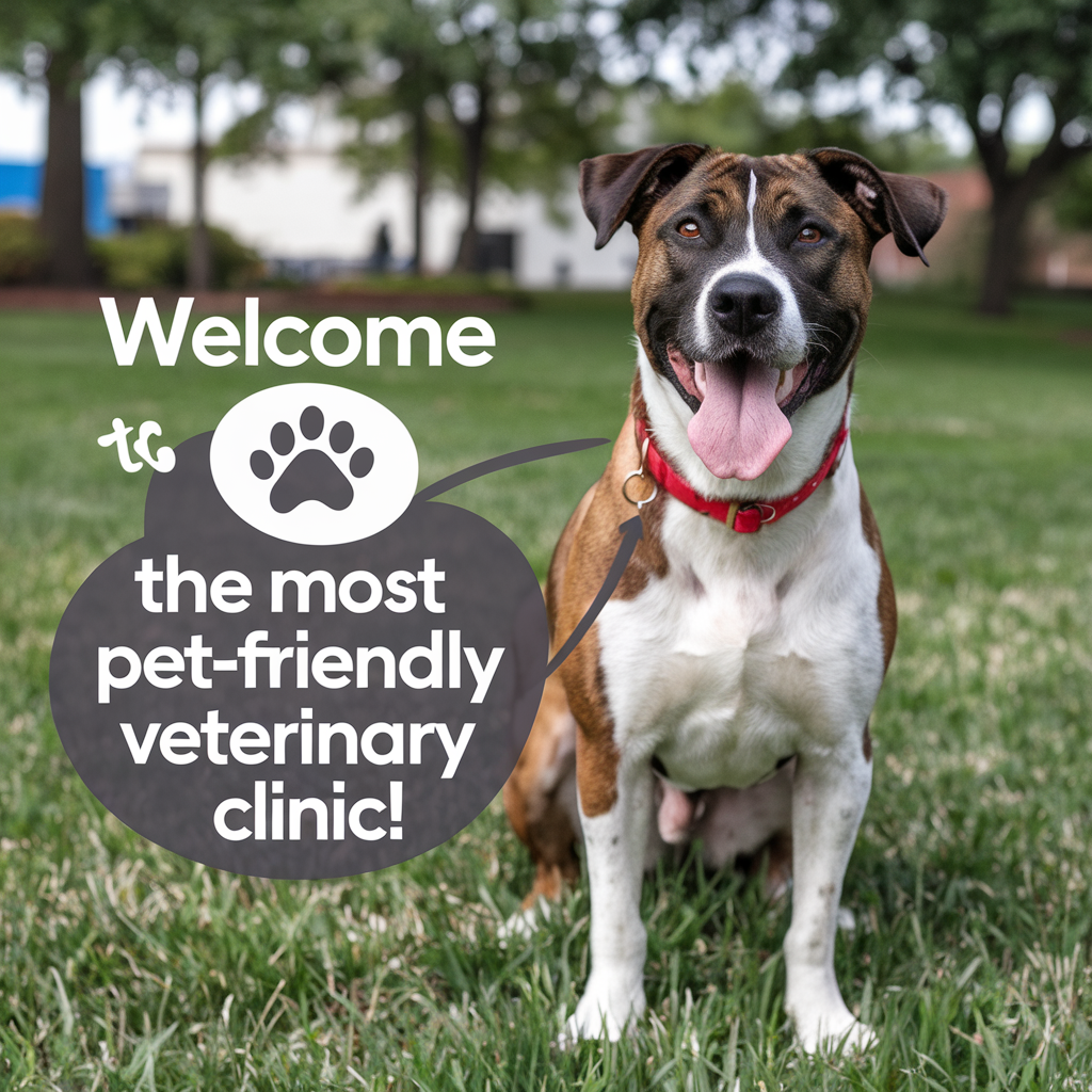 A happy dog with a red collar sits on the grass, embodying our Veterinary Marketing vision. A text bubble reads, "Welcome to the most pet-friendly veterinary clinic!" Trees and a building grace the background.