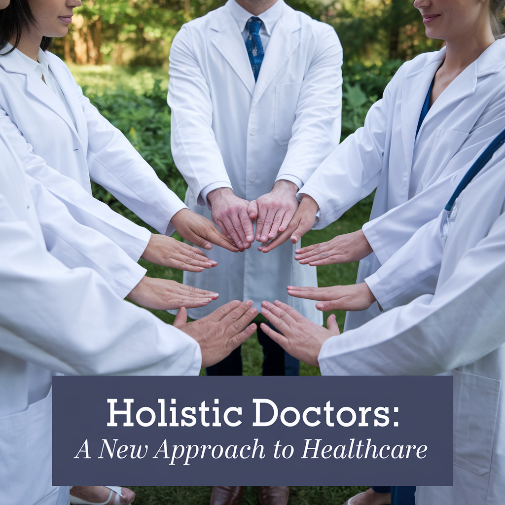 Doctors in white coats stand in a circle outdoors, reaching towards the center with overlapping hands. A text overlay reads, "Marketing for Holistic Doctors: A New Approach to Healthcare.