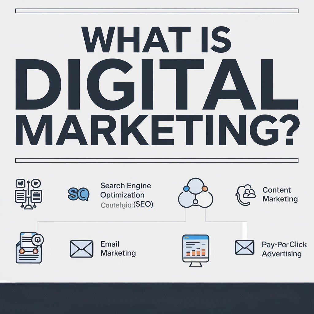 Infographic titled "What is Digital Marketing?" with icons representing Search Engine Optimization, Content Marketing, Email Marketing, and Pay-Per-Click Advertising.